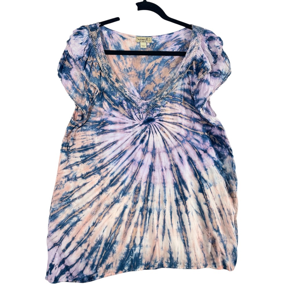 One World Tie‎ Dye Top Crochet Trim V Neck Blouse Bohemian Women's L